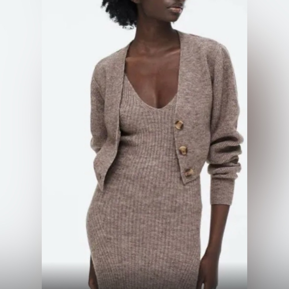 H&M Brown knit dress cardigan set/ dress size L/ Cadigan Size XL